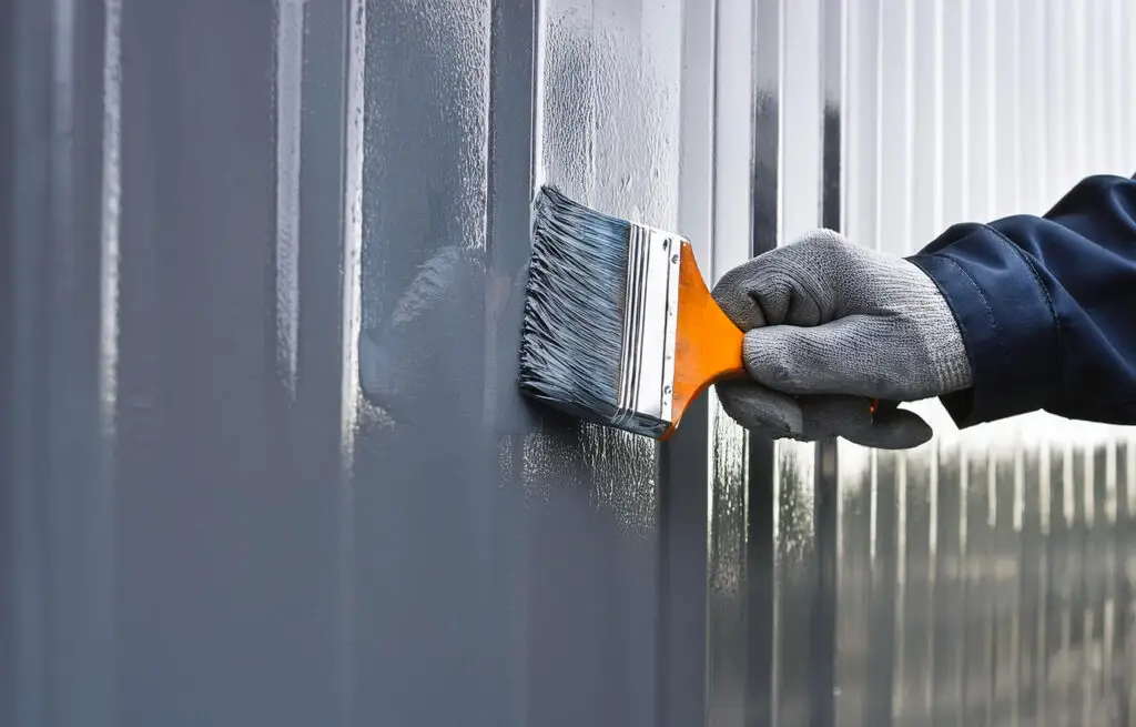 Hand wearing glove and holding brush applying gray paint on metal surface